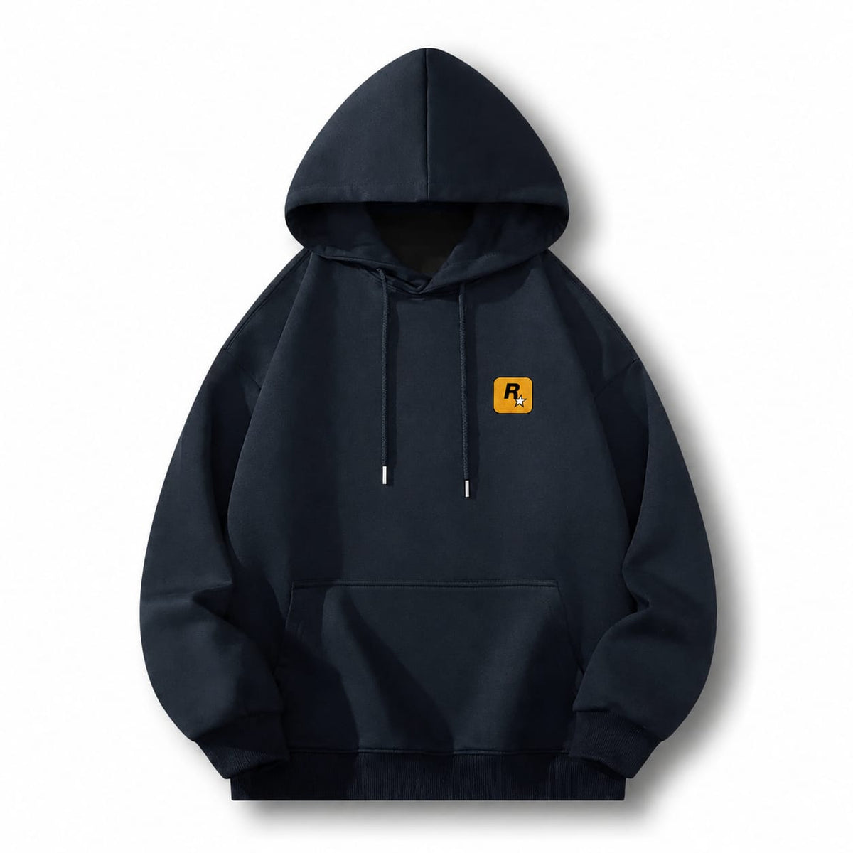 A dark navy blue pullover hoodie with a small yellow square chest logo featuring the letters 'R1', displayed against a clean white background.