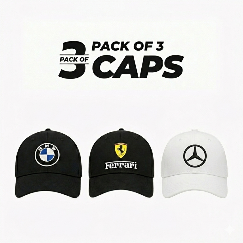 Three caps with BMW, Ferrari, and Mercedes-Benz logos on a white background.