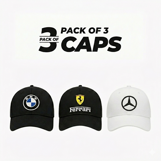 Three caps with BMW, Ferrari, and Mercedes-Benz logos on a white background.