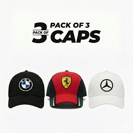 Three caps with BMW, Ferrari, and Mercedes-Benz logos on a white background.