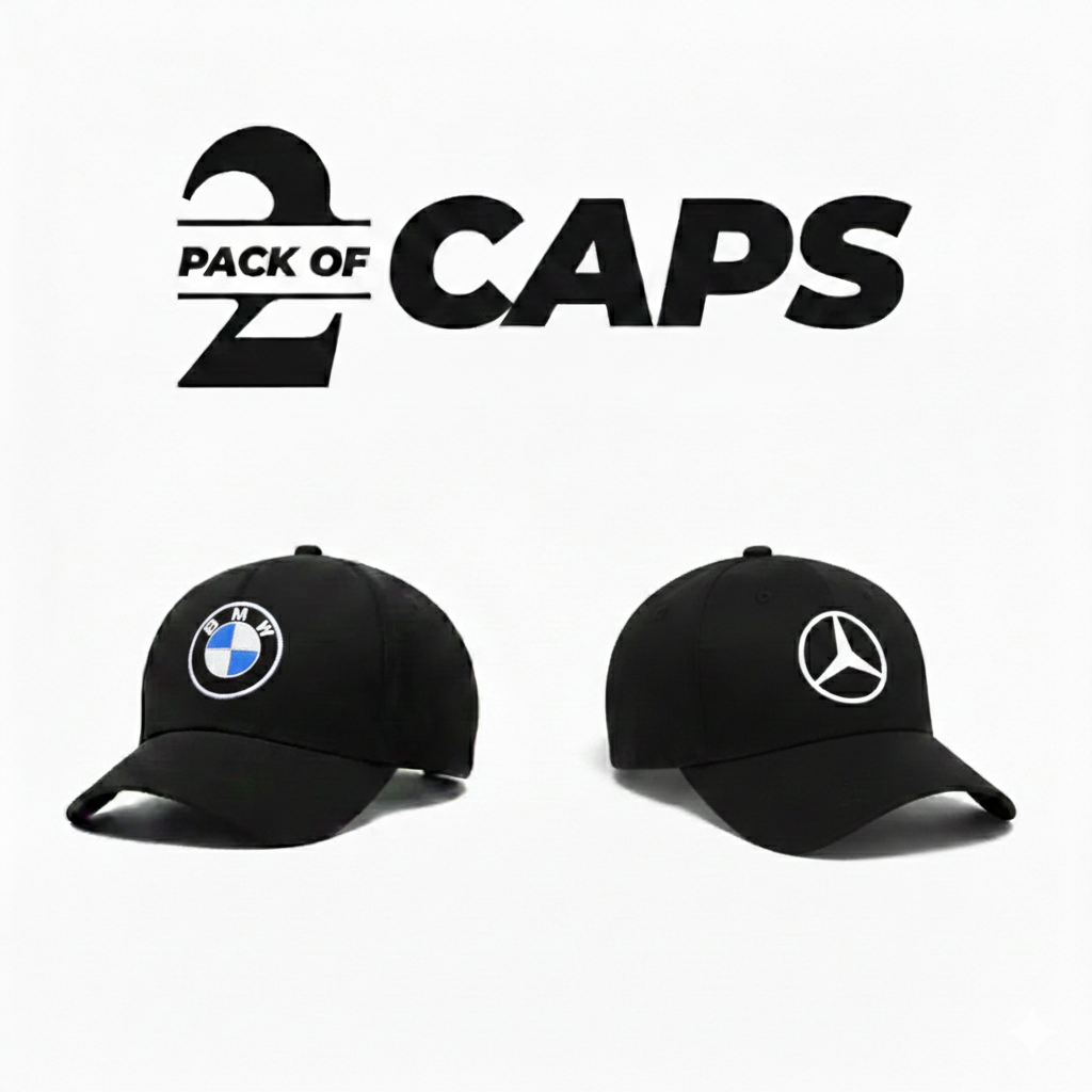 Two black caps with BMW and Mercedes-Benz logos on a white background with 'Pack of 2 CAPS' text.