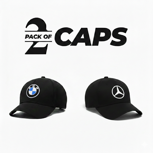 Two black caps with BMW and Mercedes-Benz logos on a white background with 'Pack of 2 CAPS' text.