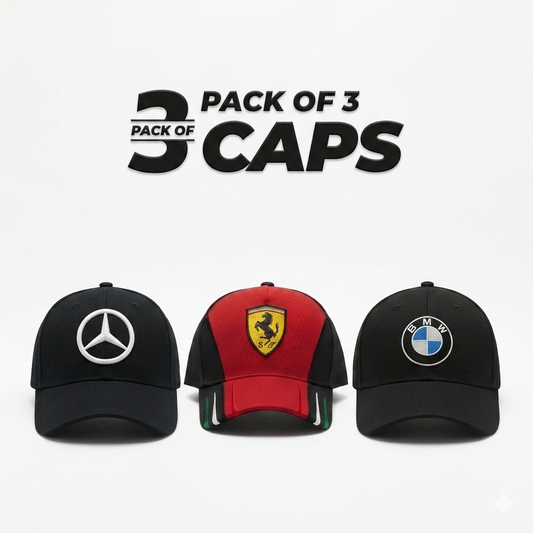 Three caps with Mercedes, Ferrari, and BMW logos on a white background.