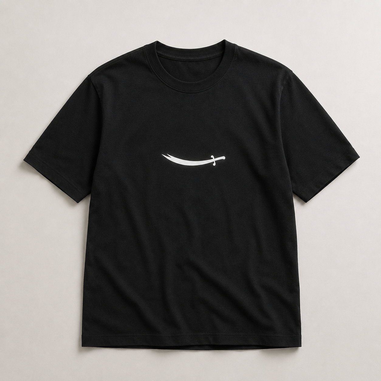 Black t-shirt with a white logo on a light gray background