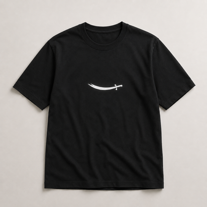 Black t-shirt with a white logo on a light gray background