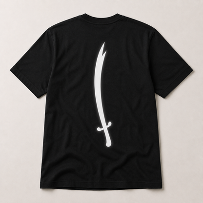 Black t-shirt with a white sword design on a beige background