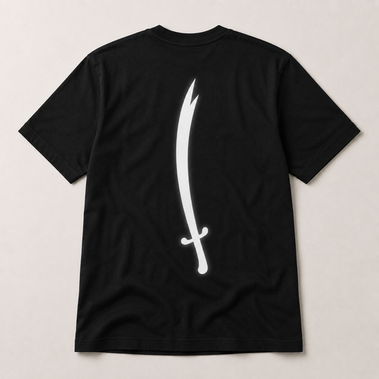 Black t-shirt with a white sword design on a beige background